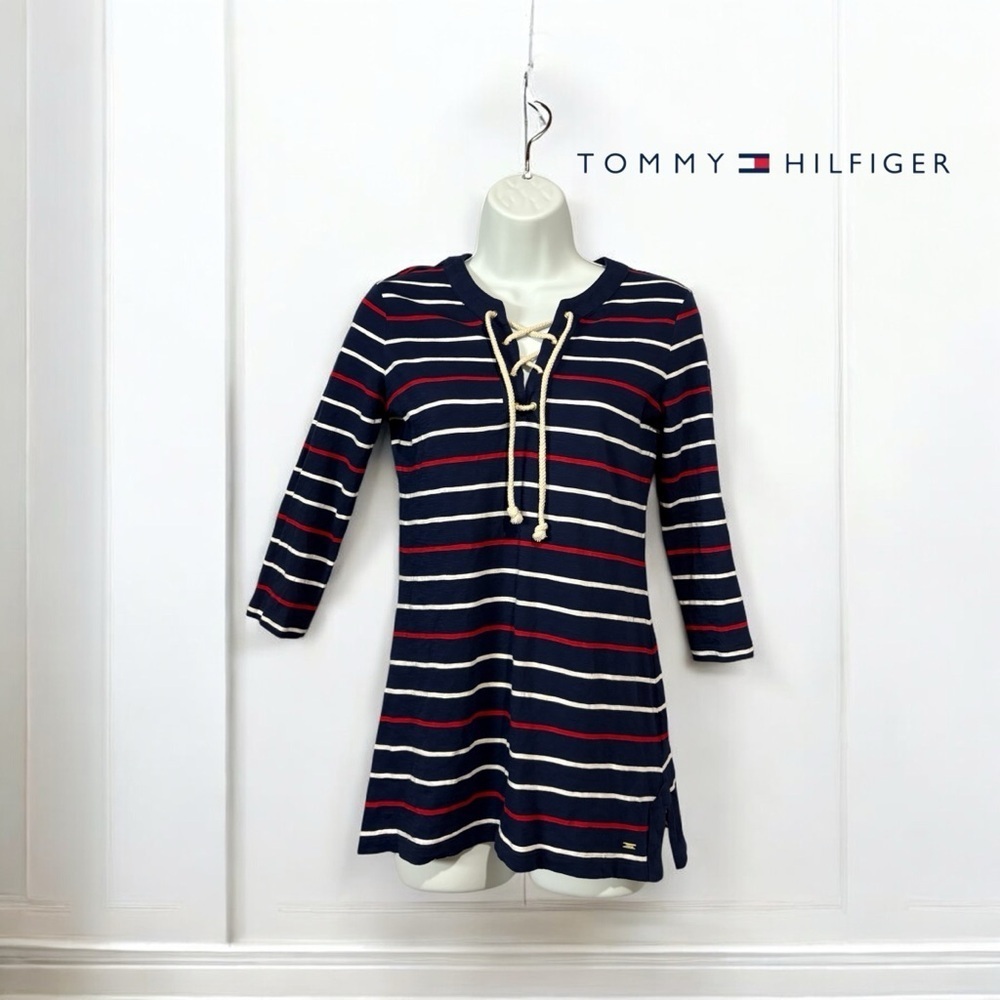 Tommy Hilfiger, Nautical Striped Lace Up Top Navy, Red & White, Small ⚓️